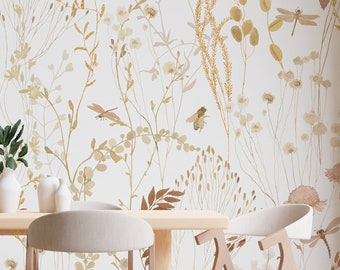 Floral Wallpaper mural, Traditional or Pre pasted wallpaper, removable Wall mural, Self-Adhesive, Peel&Stick, minimalistic neutral.