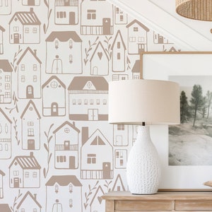 Landscape Wallpaper Peel and Stick | Fun Beige Wallpaper for Kids Room | Minimalistic City Houses Traditional Non-Woven Wallpaper | FML15