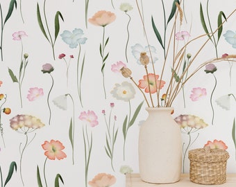 Vintage cottage flowers wallpaper, hand-drawn vintage florals, Removable and Peel&Stick, Traditional wallpaper, Floral wallpaper, nature.