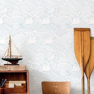 Oceanic & Nautical Wallpaper Schälen und Aufkleben | Lustige Blaue Tapete fürs Kinderzimmer | Boho Wellen traditionell Vliestapete | SEA04