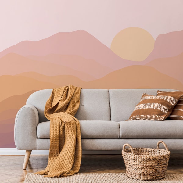 Sunset and Mountains Mural, Accent Wallpaper. Traditional Pre-pasted wallpaper, Mountain Landscape, Sunset Wallpaper, Living Room Mural