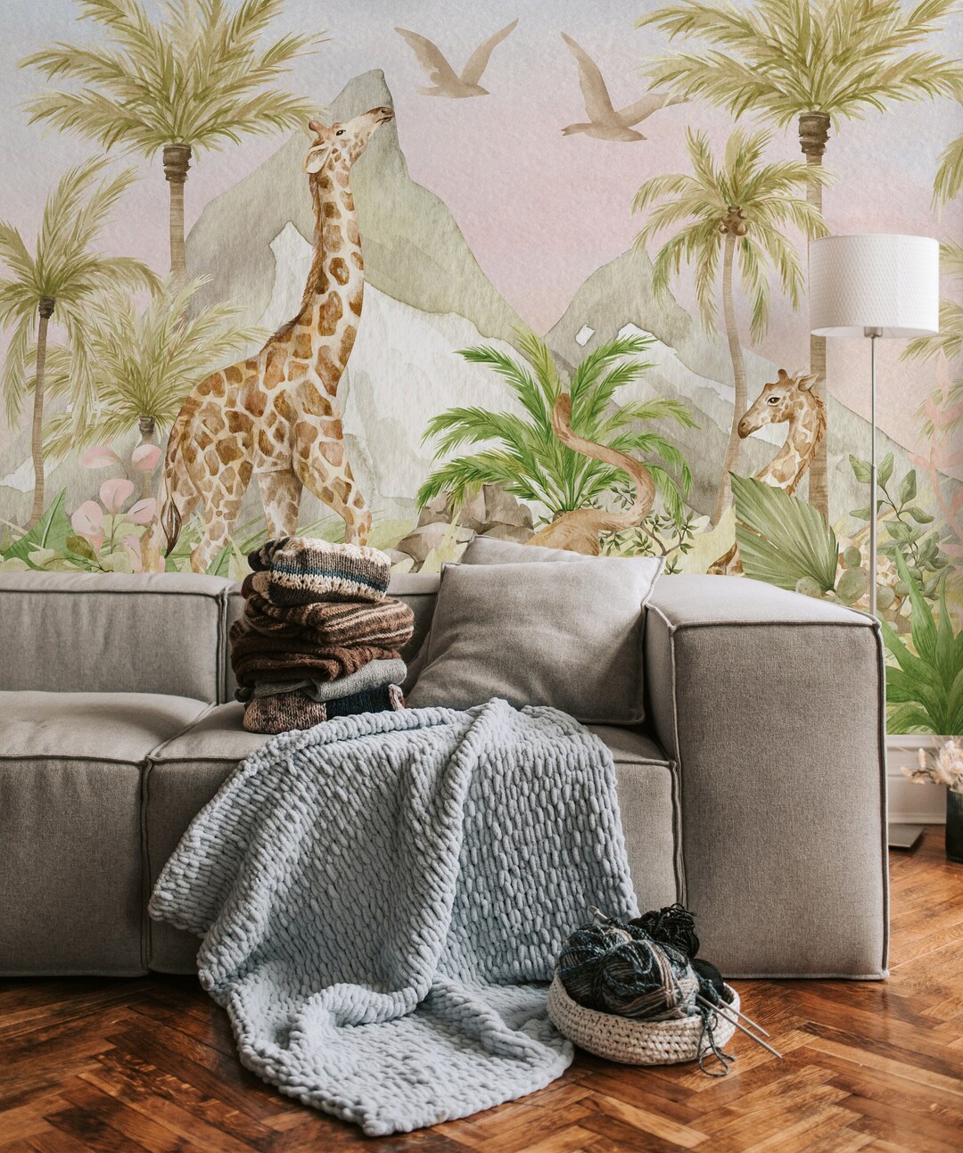 Safari and Giraffes Mural, Tropical Wallpaper, Traditional or Peel
