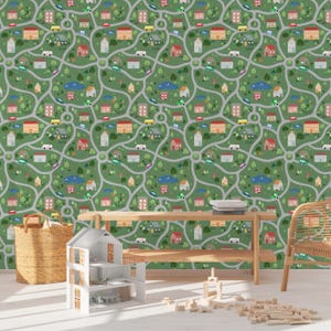 Landschafts-Tapete schälen und aufkleben | Verspielte grüne Tapete für Kinderzimmer | Moderne Stadt Strassen Traditionell Vlies Tapete | KARTE01