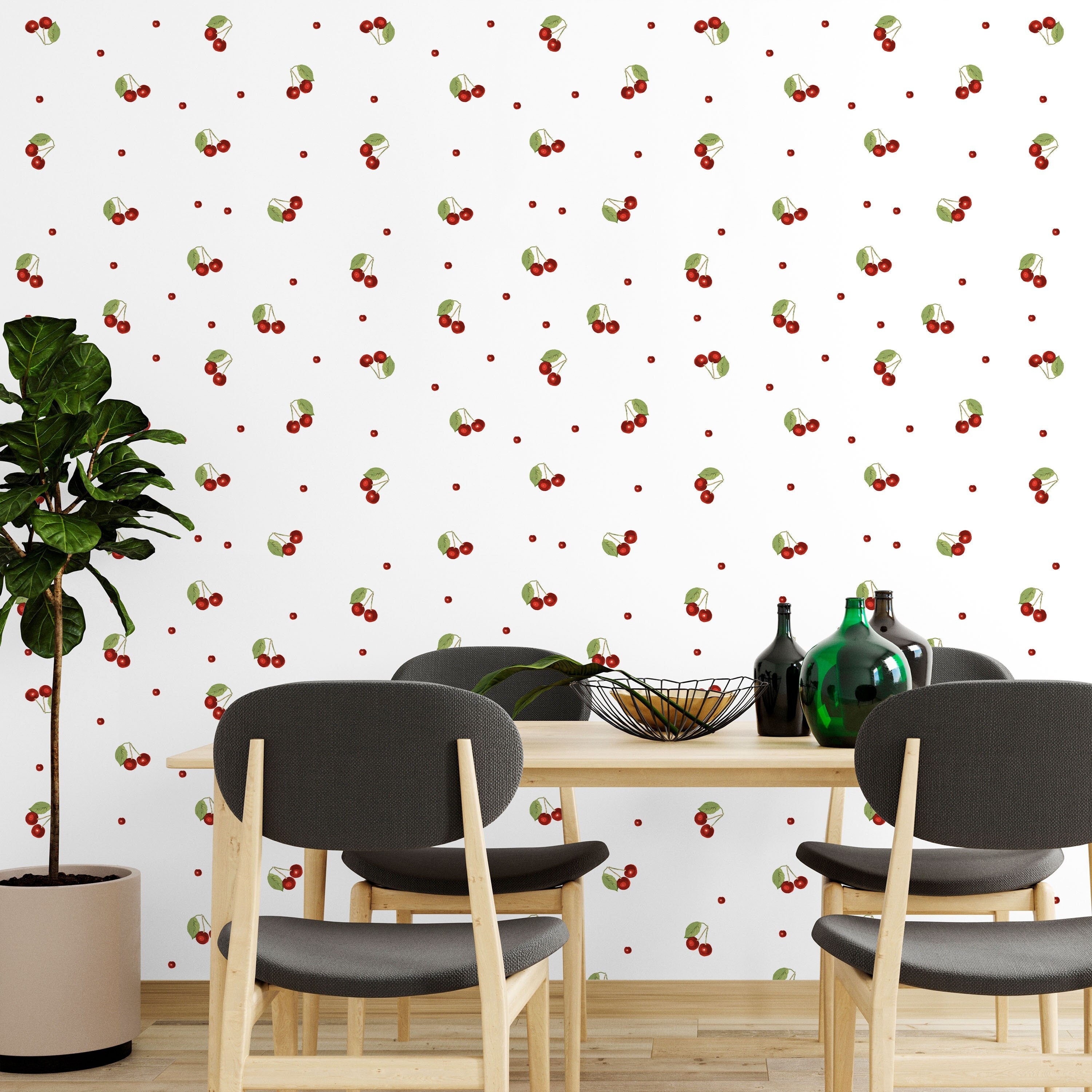 Fruits & Vegetables Wallpaper Peel and Stick | Cute Red Wallpaper for Kitchen | Minimalistic Cherries Traditional Non-Woven Wallpaper | FV01