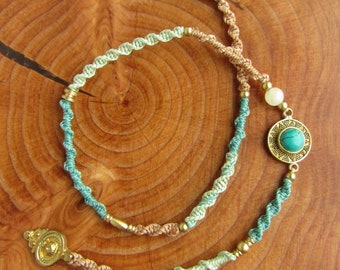 Turquoise Macrame Hair Wrap with Brass Beads: Boho Clip-in Hair Jewelry