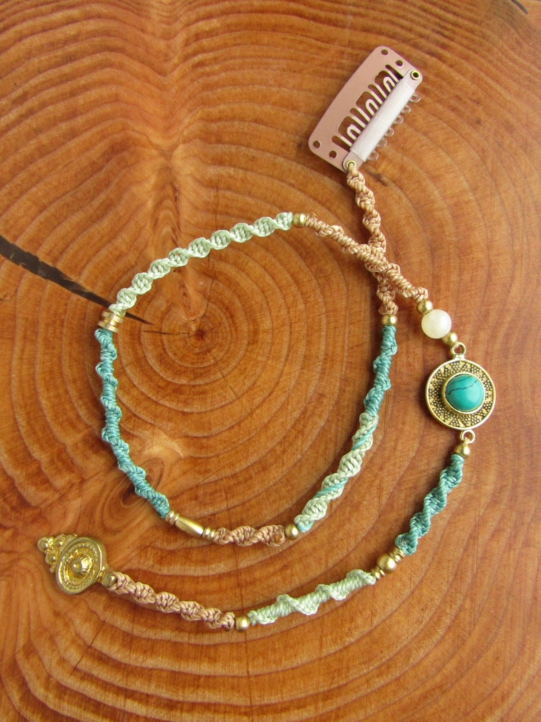 Turquoise Macrame Hair Wrap With Brass Beads: Boho Clip-in 