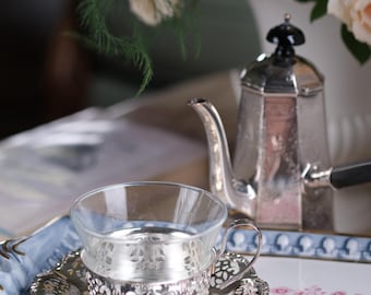 5 Vintage Pairs of BMF Silver Plated Cups and Saucers - 1960s - Pierced Filigree - Glass Inserts - Electroplated Brass - West Germany