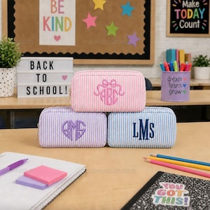 Embroidered Pencil Pouch, Personalized Monogram Pencil Case, Striped Seersucker Bag, Custom Pencil Bag, Initials, Back To School Gift, Kids