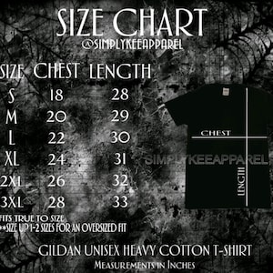May include: Size chart for a Gildan unisex heavy cotton t-shirt. The chart shows chest and length measurements in inches for sizes S through 3XL. The chart also includes the text "Fits true to size" and "Size up 1-2 sizes for an oversized fit."