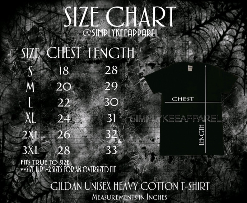 May include: Size chart for a Gildan unisex heavy cotton t-shirt. The chart shows chest and length measurements in inches for sizes S through 3XL. The chart also includes the text "Fits true to size" and "Size up 1-2 sizes for an oversized fit."