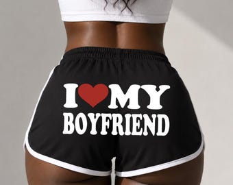 Ich liebe meinen Freund, benutzerdefinierte Booty Shorts, Herz, BF, GF, personalisierter Name Text, Twerk Shorts, Delphin Shorts, für Frauen, Jubiläumsgeschenk