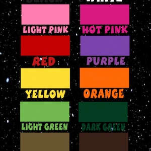 May include: A chart showing vinyl colors for crafting projects. The colors include black, white, light pink, hot pink, red, purple, yellow, orange, light green, dark green, light brown, dark brown, and a glow-in-the-dark color. The text "Vinyl Colors" is at the top of the chart. The text "@simplykeeapparel" is at the bottom of the chart.