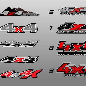 Op de afbeelding: Negen verschillende 4x4 off-road voertuig stickers in verschillende stijlen. De stickers zijn rood, zwart en grijs met tekst die "Diff-Lock" en "Off-Road" zegt.