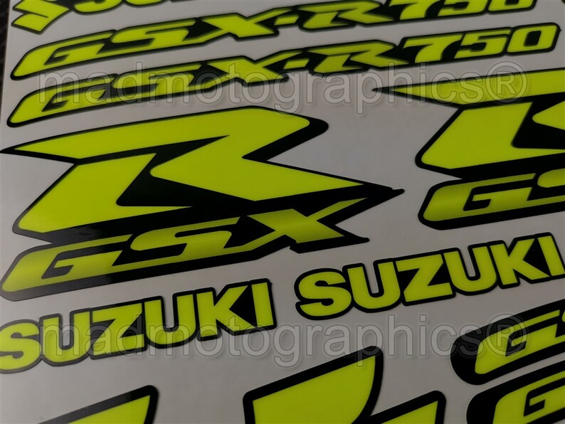 Two parts motorcycle fairing helmet sticker labels motorcycle graphics decals for SUZUKI GSX-R750 gsxr 750 Fluorescent Neon Yellow Laminated image
