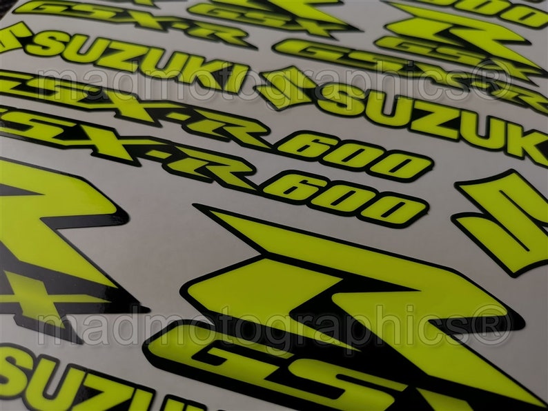 Two parts bike fairing helmet stickers motorbike graphics decals for SUZUKI GSX-R600 gsxr 600 Fluorescent Neon Yellow Laminated image