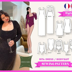 Könnte beinhalten: Ein digitales Schnittmuster für ein Kleid und einen Body mit quadratischem Ausschnitt und langen Ärmeln. Das Schnittmuster enthält Anleitungen für ein Kleid und einen Body sowie eine Option für einen ärmellosen Body. Das Schnittmuster ist in den Größen A4 und A0 erhältlich.