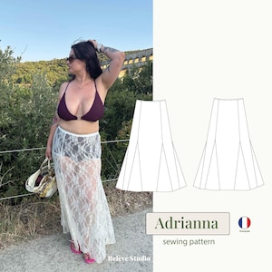 Puede incluir: Una mujer con un top de bikini burdeos y una falda de encaje blanco. La imagen también presenta un patrón de costura para una falda llamada "Adrianna" con el texto "sewing pattern" debajo. El logotipo de Releve Studio es visible.