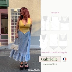 May include: A woman wearing a yellow top and a blue and white checkered skirt. The image also shows a sewing pattern with the name "Gabrielle" and the text "sewing pattern".