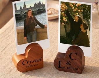 Personalized Heart-Shaped Wooden Photo Holder, Engraved Name and Date Photo Display, Custom Picture Home Decor, Couples Gift, Birthday Gift