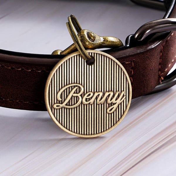 Deep Engraved Dog Tag, Personalized Brass Cat Tag, Custom Pet Name Tag, Small Dog Tag, Large Dog Tag, Cat Collar Tag with Phone Number
