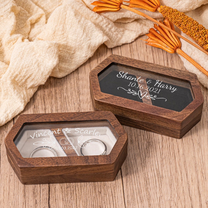 Caja de anillo de bodas personalizada, Caja de anillo de bodas de doble ranura, Caja de anillo de ceremonia de boda de compromiso, Caja de portador de anillo, Caja de anillo doble de madera ancha imagen 5