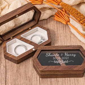 Caja de anillo de bodas personalizada, Caja de anillo de bodas de doble ranura, Caja de anillo de ceremonia de boda de compromiso, Caja de portador de anillo, Caja de anillo doble de madera ancha imagen 1