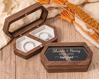 Personalized Wedding Ring Box,Double Slot Wedding Ring Box,Engagement Wedding Ceremony Ring Box,Ring Bearer Box,Wide Wood Double Ring Box