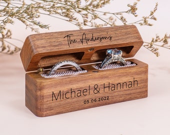 Caja de anillo de boda personalizada, caja de anillo doble de madera ancha, caja de portador de anillo, soporte de anillo único delgado, propuesta de caja de anillo, boda rústica moderna