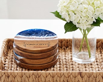 Handmade Beach Themed Wooden Coasters Set, Perfect Gift for Couples, Personalized Name Drink Mats, Ideal for Bridal Shower, Anniversary Gift