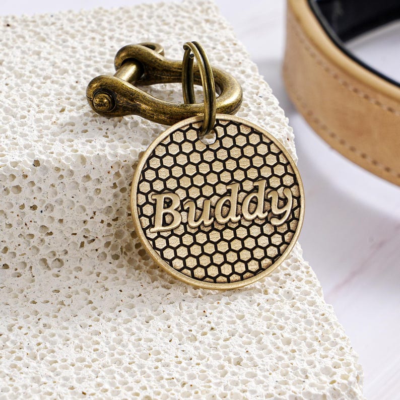 May include: A round, brass-colored pet tag with the name "Buddy" engraved in a script font. The tag features a honeycomb pattern and is attached to a matching clasp. A tan leather collar is visible in the background.