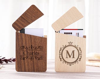 Custom Logo Business Card Case, Handcrafted Wood Name Card Holder, Coworker Gift, Personalized Gift for Boyfriend, Husband, Friends