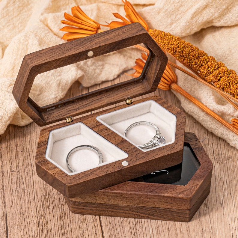 Caja de anillo de bodas personalizada, Caja de anillo de bodas de doble ranura, Caja de anillo de ceremonia de boda de compromiso, Caja de portador de anillo, Caja de anillo doble de madera ancha imagen 3