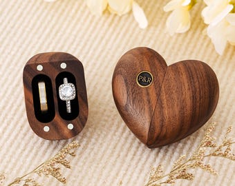 Heart Shaped Wooden Ring Box, Custom Ring Box with Round Brass Inlay, Proposal Engagement Ring Bearer Holder, Ring Case for Wedding Ceremony