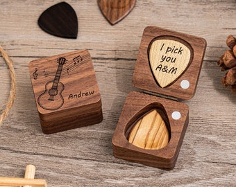 Personalized Wooden Guitar Picks with Case, Custom Guitar Pick Holder, Musicians Plectrum Box, Father's Day,Christmas Gift For Guitar Player