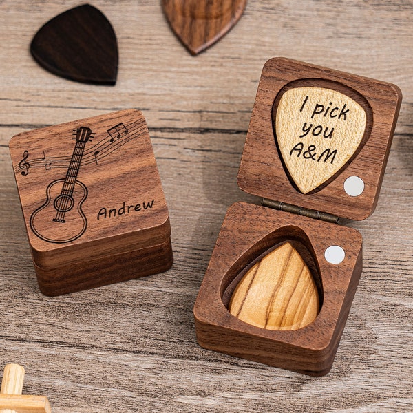 Médiators de guitare en bois personnalisés avec étui, porte-médiator de guitare personnalisé, boîte à plectre de musiciens, fête des pères, cadeau de Noël pour joueur de guitare