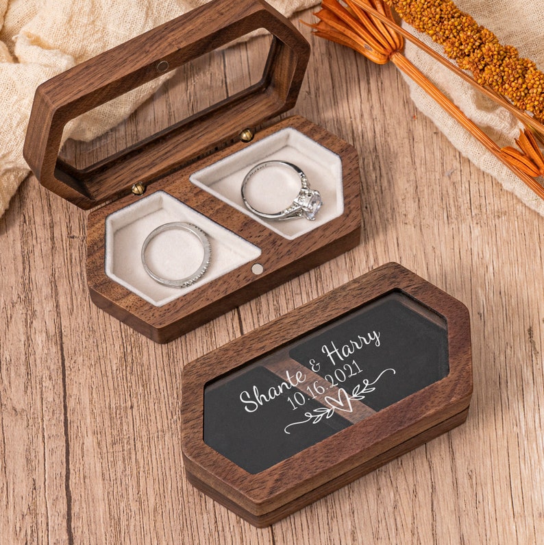 Personalized Wedding Ring Box,Double Slot Wedding Ring Box,Engagement Wedding Ceremony Ring Box,Ring Bearer Box,Wide Wood Double Ring Box image 4