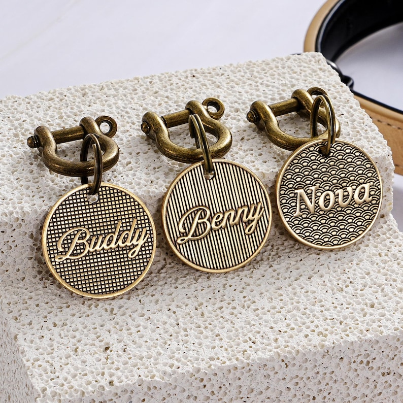 May include: Three bronze-colored pet ID tags with different engraved names: "Buddy", "Berry", and "Nova". Each tag is round with a decorative pattern and attached to a bronze clasp. The tags are displayed on a textured, light-colored surface.