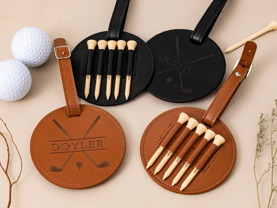 Engraved Leather Golf Bag Tag Gift With Golf Tees, Personalized Golf