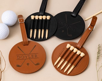 Graviertes Leder Golf Bag Tag Geschenk mit Golf Tees, personalisierte Golf Tee Halter, benutzerdefinierte Golf Accessoires, Groomsmen Geschenke, Golf Geschenk für Männer