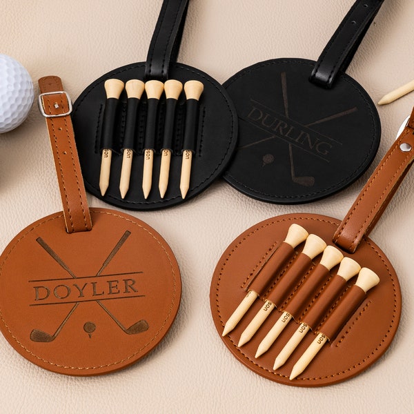 Graviertes Leder Golf Bag Tag Geschenk mit Golf Tees, personalisierte Golf Tee Halter, benutzerdefinierte Golf Accessoires, Groomsmen Geschenke, Golf Geschenk für Männer