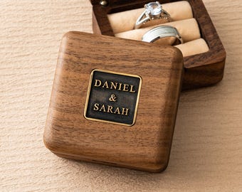 Personalized Wedding Ring Bearer with Brass Inlay, Anniversary Gift, Double Ring Bearer Box with Name, Wedding Keepsake, Wooden Ring Box