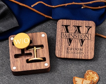 Personalized Cuff Links Box with Custom Design, Engraved Cufflinks, Gold Cufflinks for Best Man, Groomsman Gift in Wedding, Wedding Gift