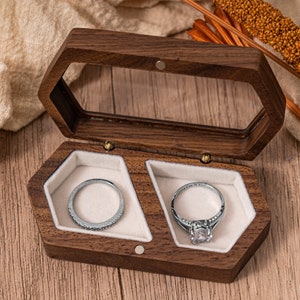 Caja de anillo de bodas personalizada, Caja de anillo de bodas de doble ranura, Caja de anillo de ceremonia de boda de compromiso, Caja de portador de anillo, Caja de anillo doble de madera ancha imagen 6