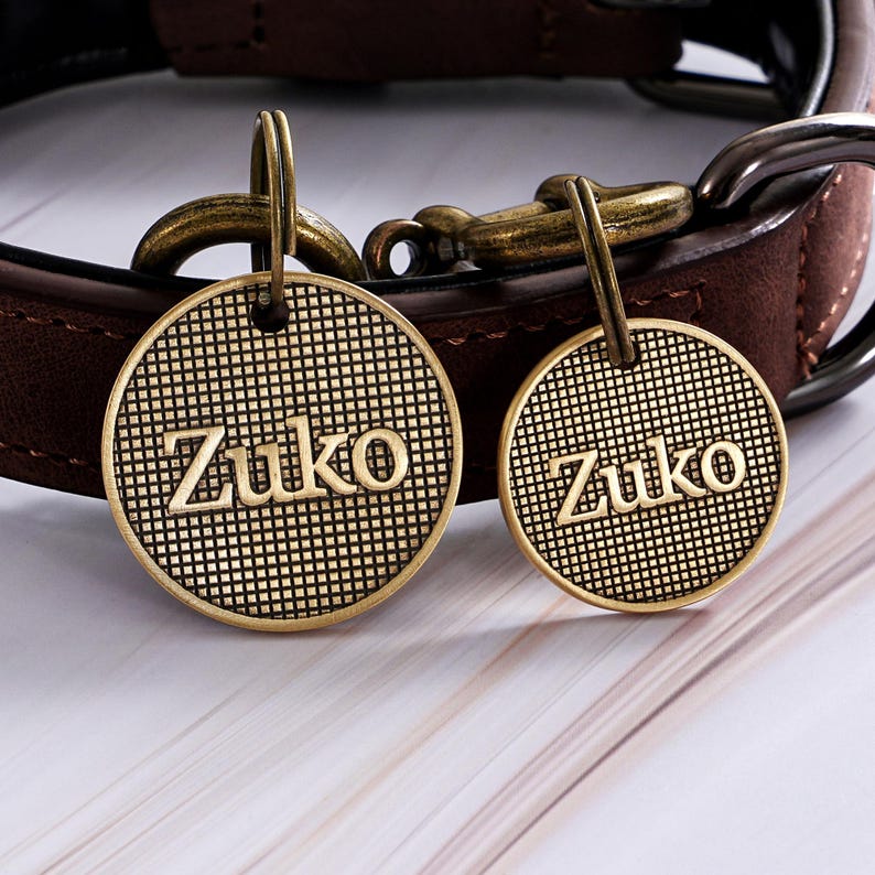 May include: Two round, bronze-colored dog tags with the name "Zuko" in a bold font. The tags have a textured grid pattern and are attached to a brown leather dog collar with bronze hardware.