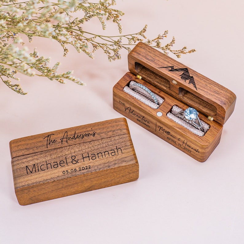 Coffret pour alliances personnalisé, Coffret pour bagues double en bois large, Coffret pour porte-alliances, Porte-bagues unique fin, Proposition de coffret pour bagues, Mariage rustique moderne image 6