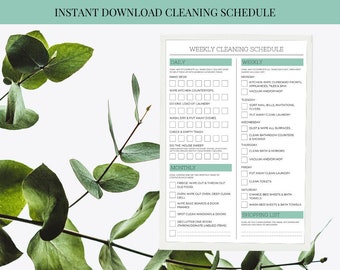 May include: A printable cleaning schedule checklist with daily, weekly, and monthly tasks. The checklist is divided into three sections with checkboxes for each task. The checklist is designed to help people stay organized and on top of their cleaning.