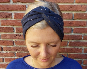 Haarband mit Draht, Musselin,Onesize,zum selber binden, dunkelblau Gold, für alle Kopfgrößen, plus gratis Geschenk