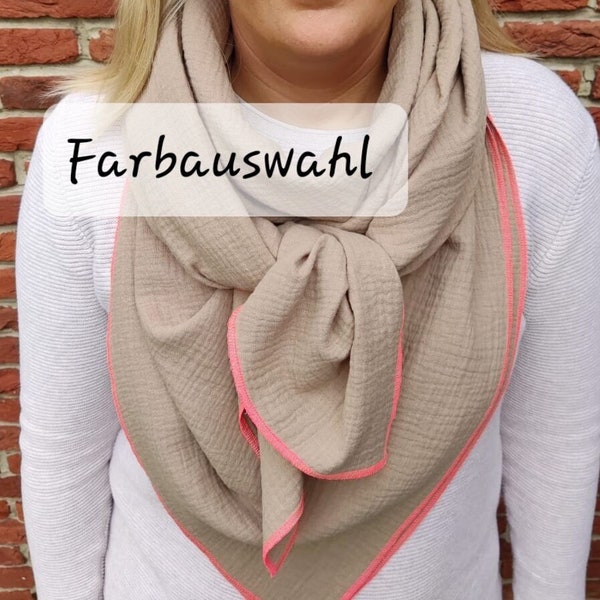 Farbauswahl vom Stoff + Neonnaht in Pink XXL Musselintuch Damen Halstuch Dreieckstuch plus gratis Geschenk dazu