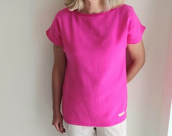 Musselinbluse Damen Pink Top Shirt Bluse Musselin plus gratis Geschenk