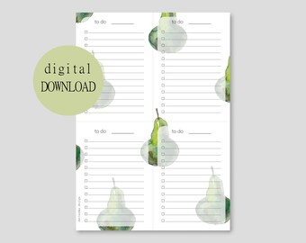 Puede incluir: Descarga digital imprimible de una lista de tareas con un diseño de pera acuarela. La lista tiene dos columnas con las palabras "to do" en la parte superior de cada columna. Hay 15 líneas para escribir tareas en cada columna.